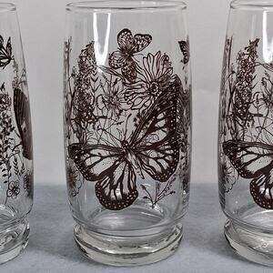 Set of 4 Vintage Butterfly Design Drinking Glasses Tumblers 10 Ounces